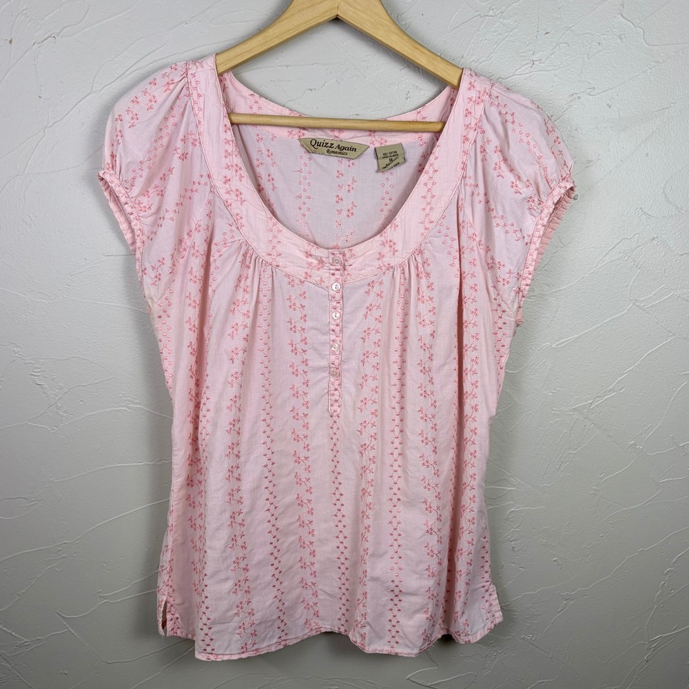 Quizz Again Peasant Blouse Embroidered Size M Pink Top Cotton Short Sleeves